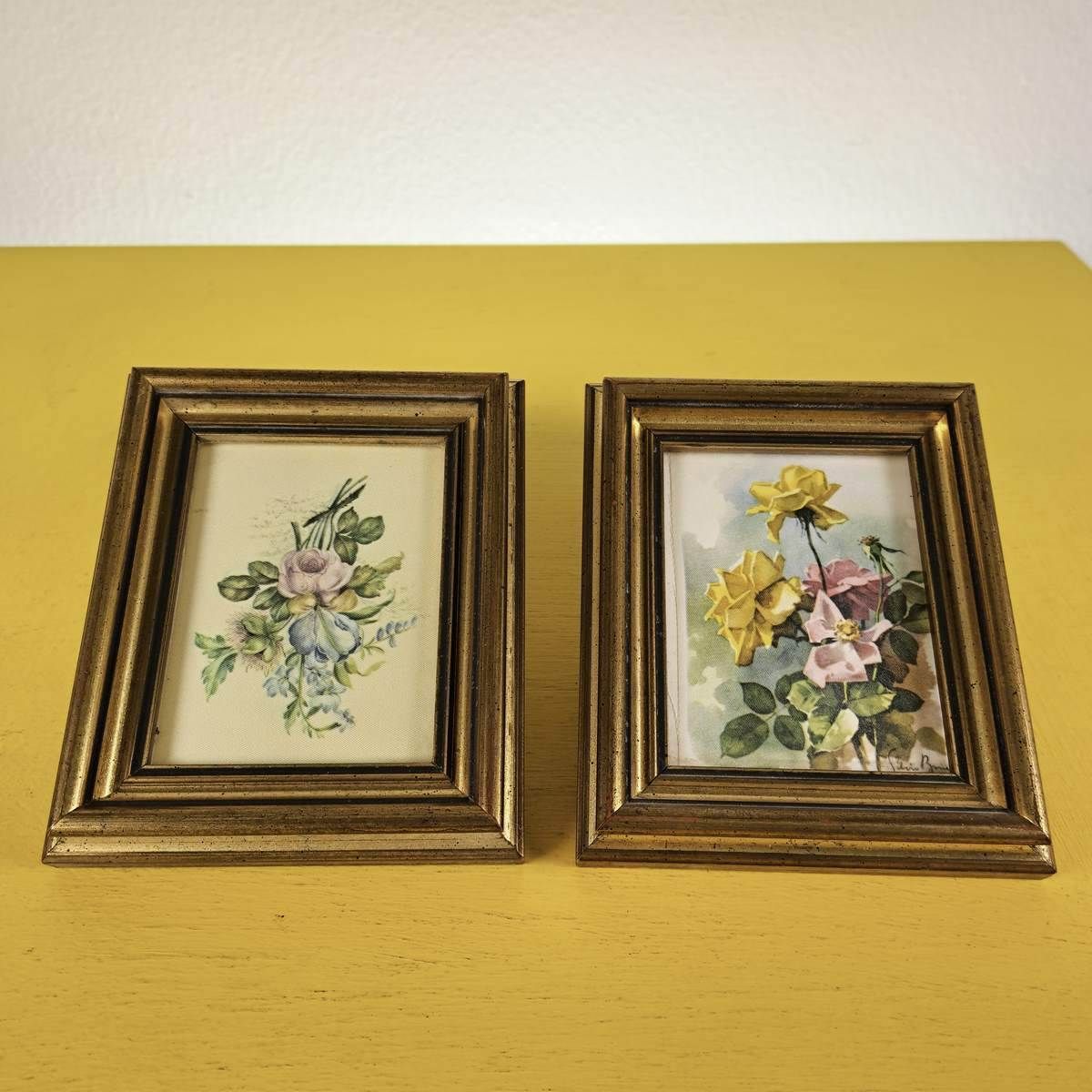Pair Of Vintage Paintings With Wooden Frame And Fabric Print