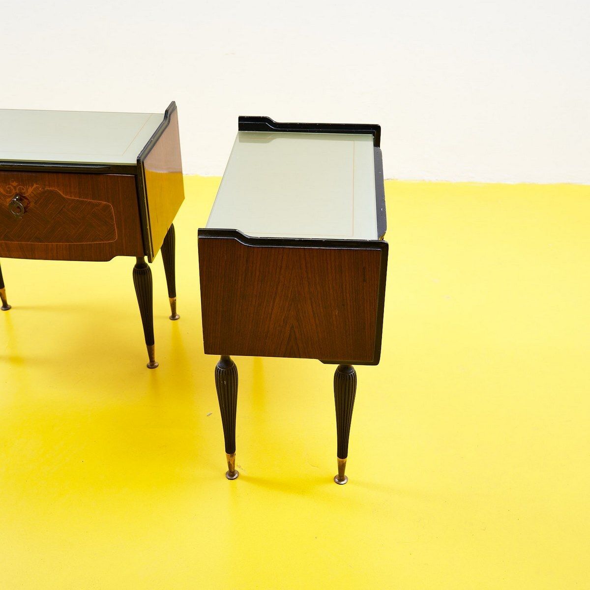 Pair Of 50's Bedside Tables With Glass Top photo vintage