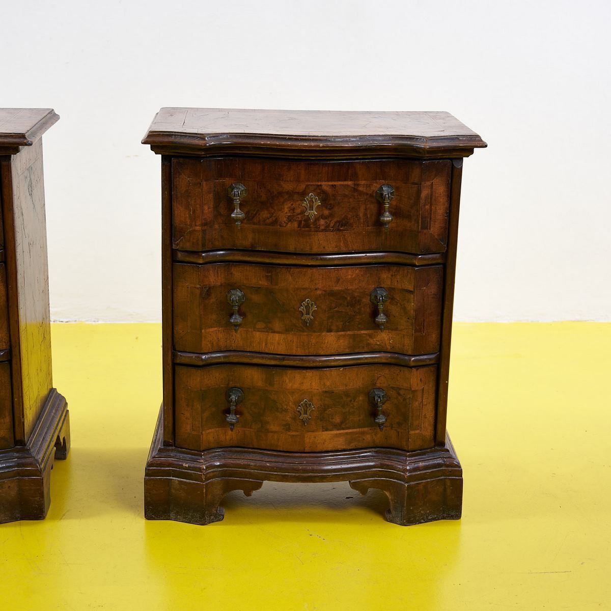 Pair Of Vecchia Cerea Bedside Tables, Early 1900s, In Walnut Wood, Slabed And Threaded, With Three Mossi Drawers photo furniture