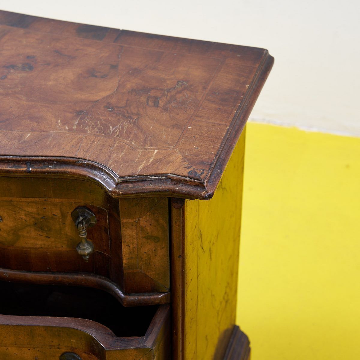 Pair Of Vecchia Cerea Bedside Tables, Early 1900s, In Walnut Wood, Slabed And Threaded, With Three Mossi Drawers photo buy