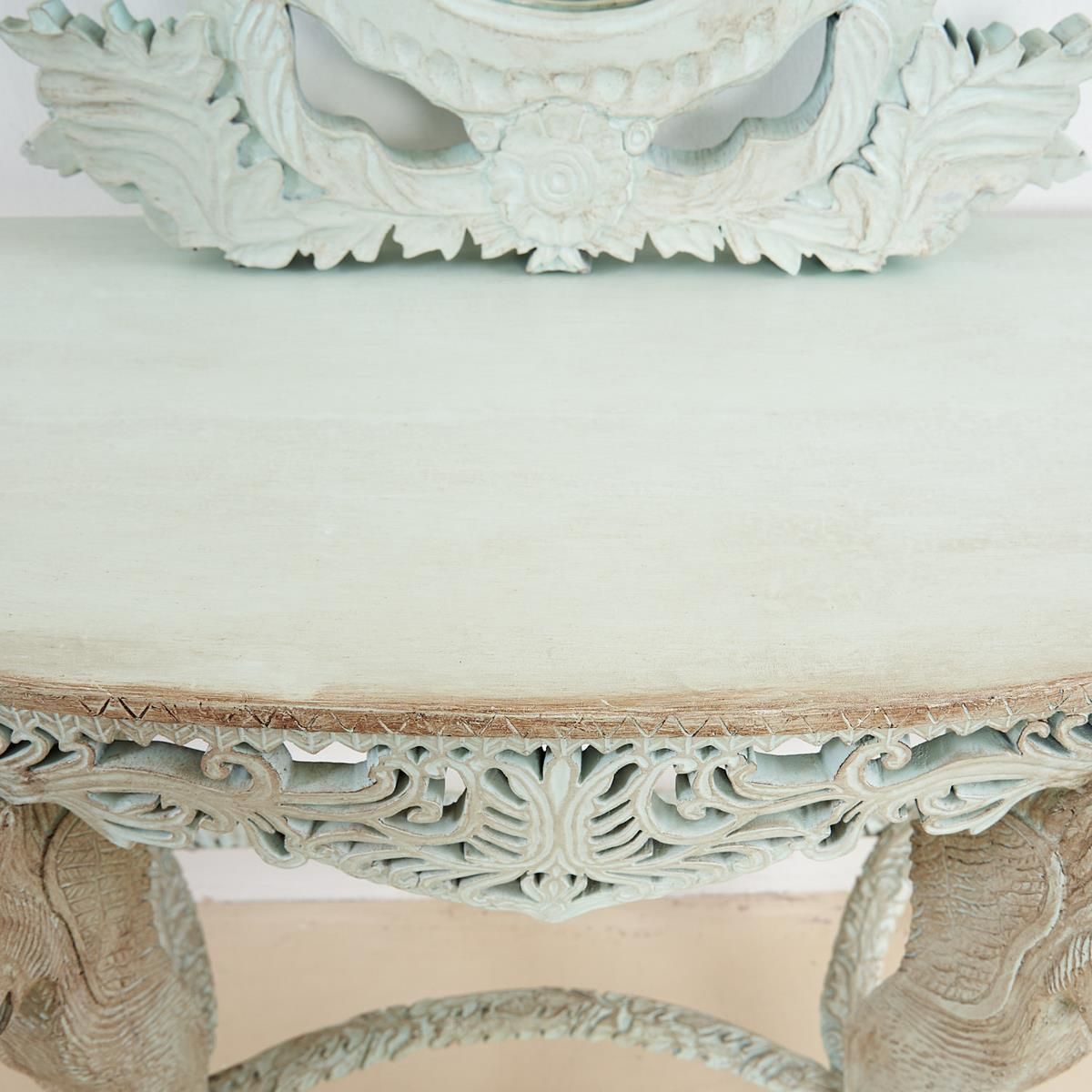 Furniture Console With Oriental Mirror, Mint Green With Dark Brown Shades photo
