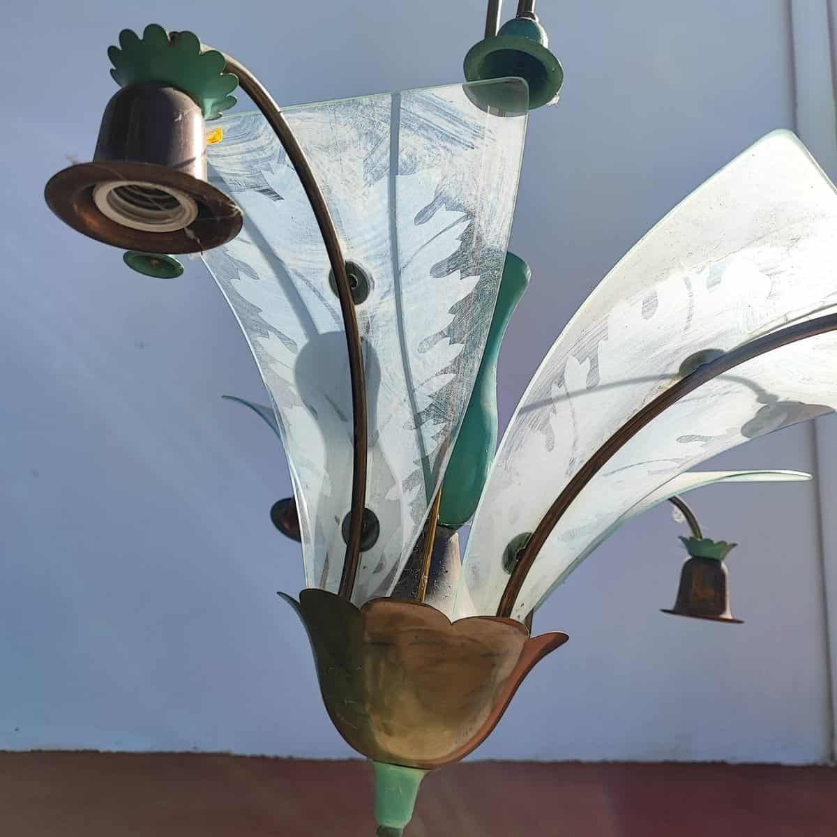 photo for sale Elegant Chandelier From The 30s/40s In Metal And Silkscreened Glass
