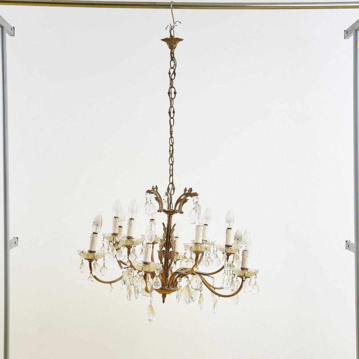 1940s Metal Chandelier With Glass Drops