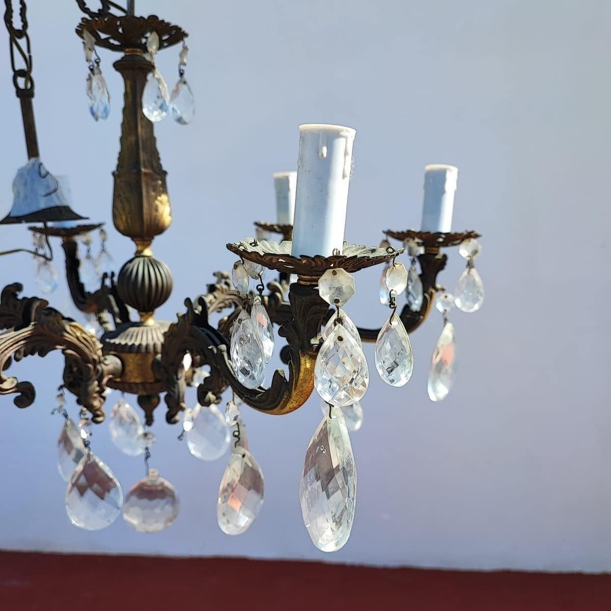 Vintage Six Arm Chandelier With Glass Drops photo for sale