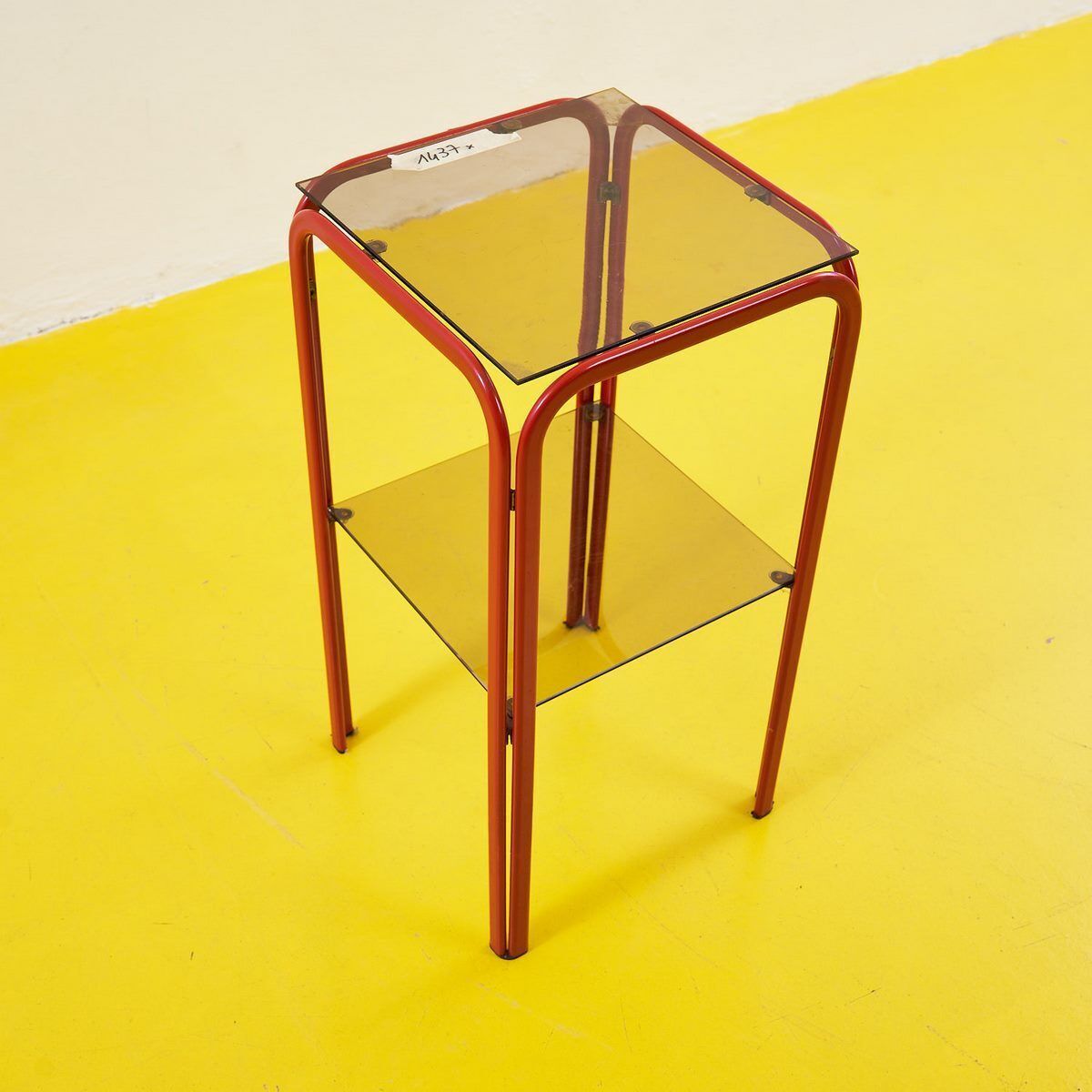 Red Metal Coffee Table With Double Glass Shelf photo furniture