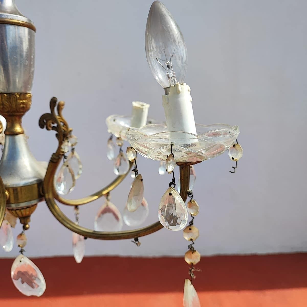 Vintage Chandelier In Metal And Glass Drops photo for sale