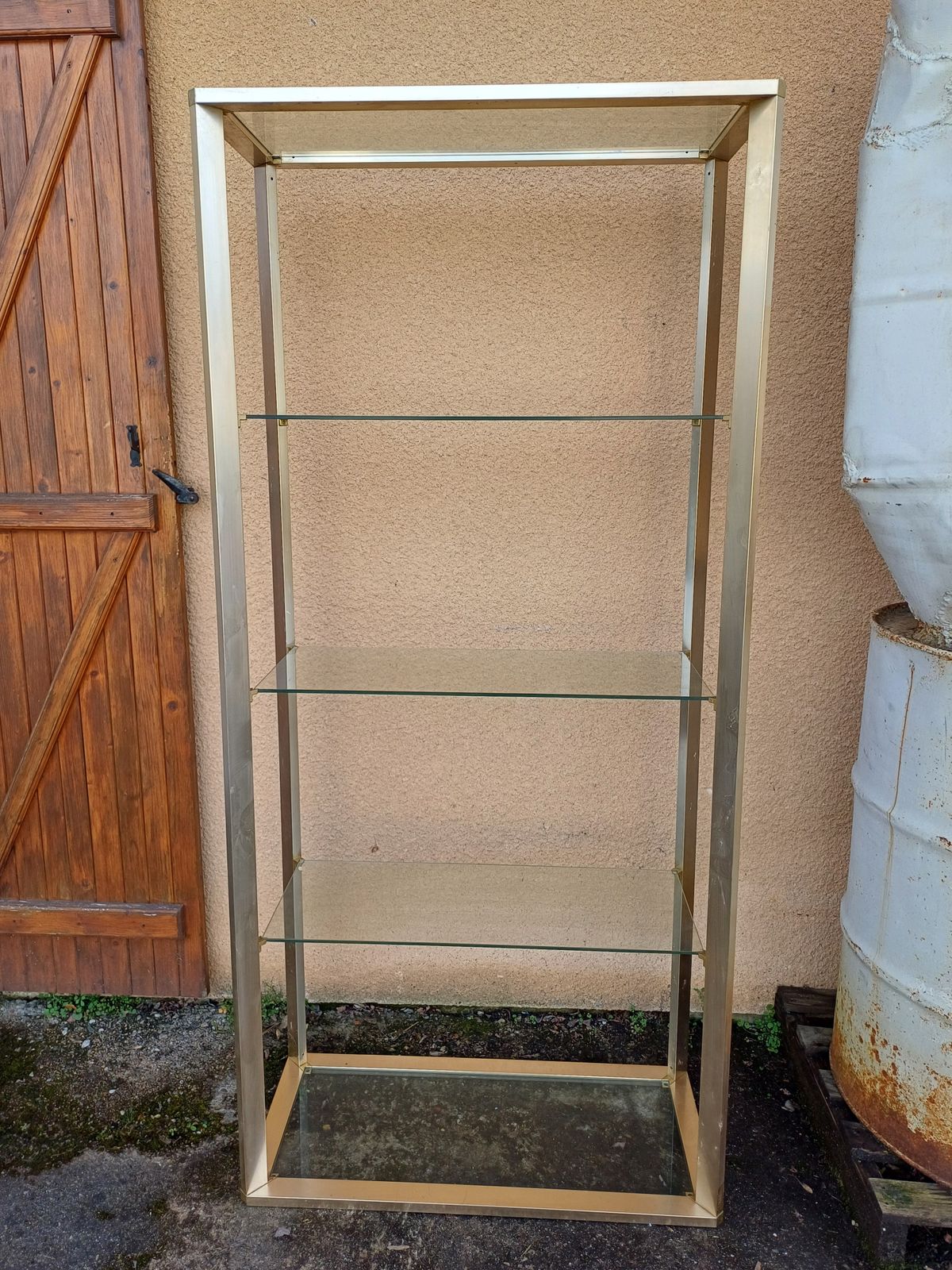 Vintage Shelving Unit In Gold Aluminum And Glass