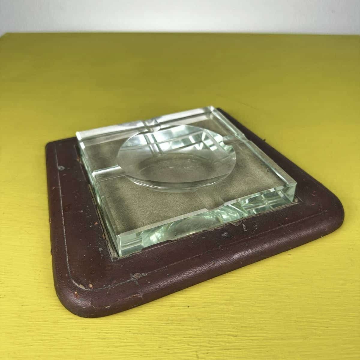 Vintage Glass Ashtray With Wooden Base Covered In Leather, Attributed To Fontana Arte