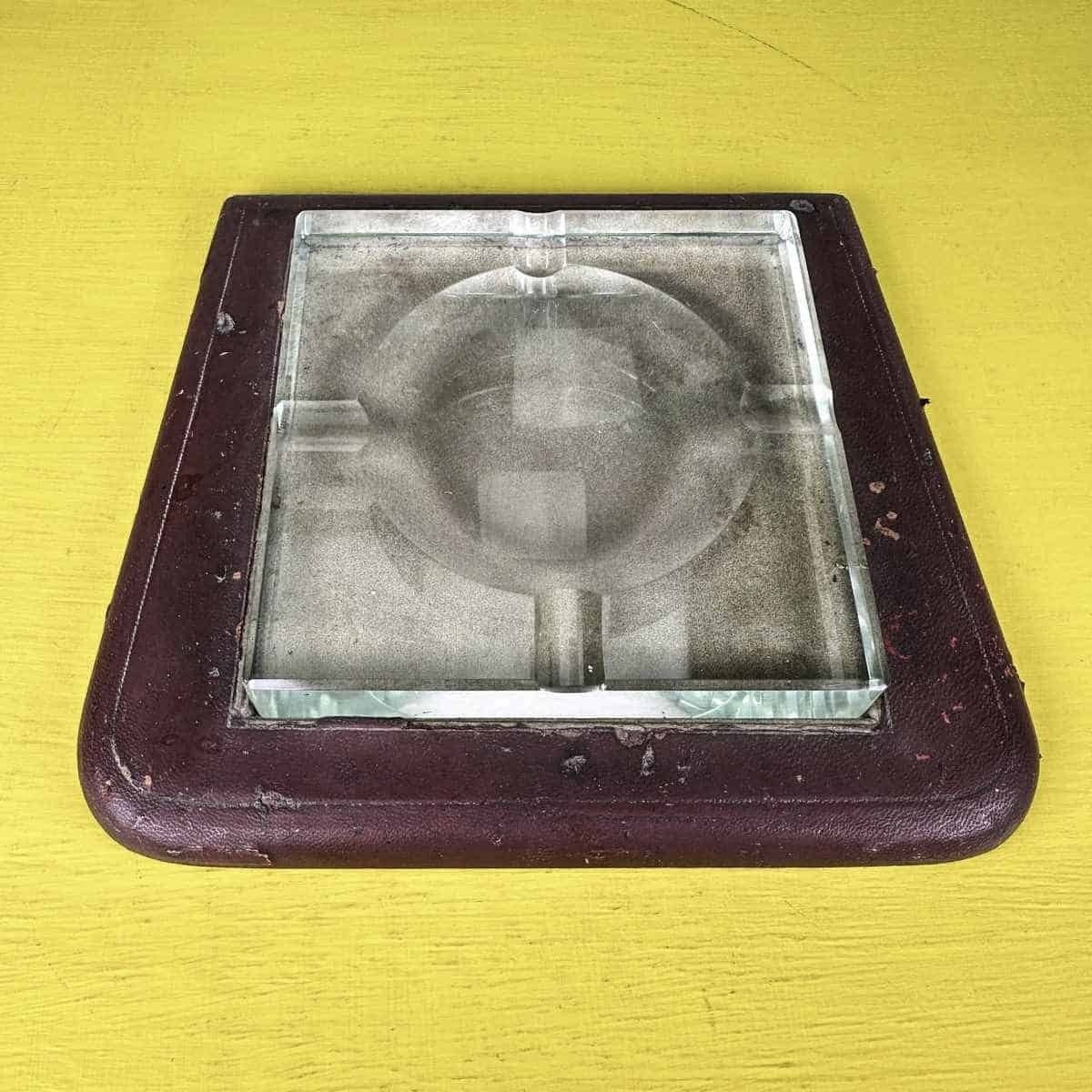 Vintage Glass Ashtray With Wooden Base Covered In Leather, Attributed To Fontana Arte photo Home Decor