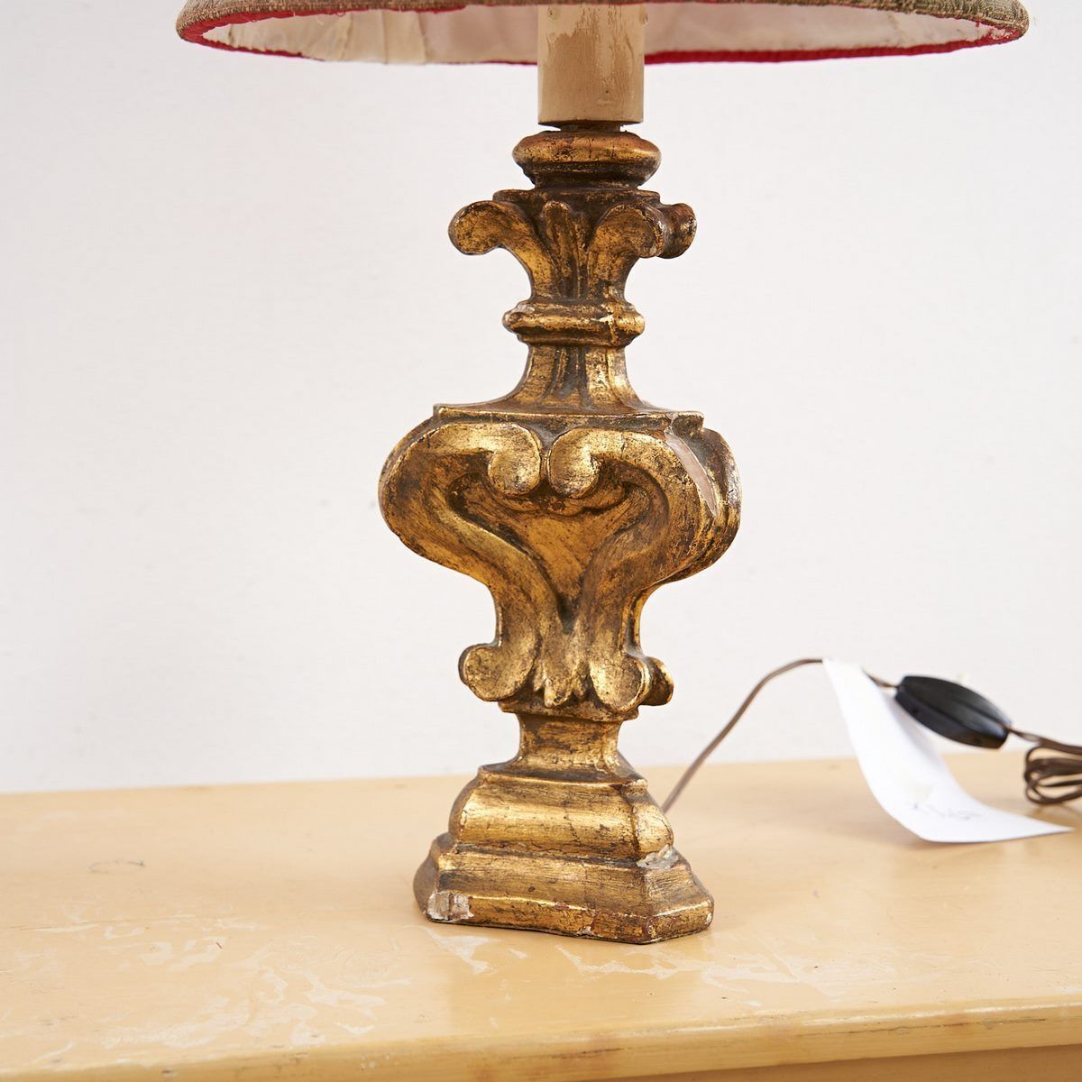 Antique Table Lamp With Gilded Wooden Base And Fabric Lampshade photo for sale