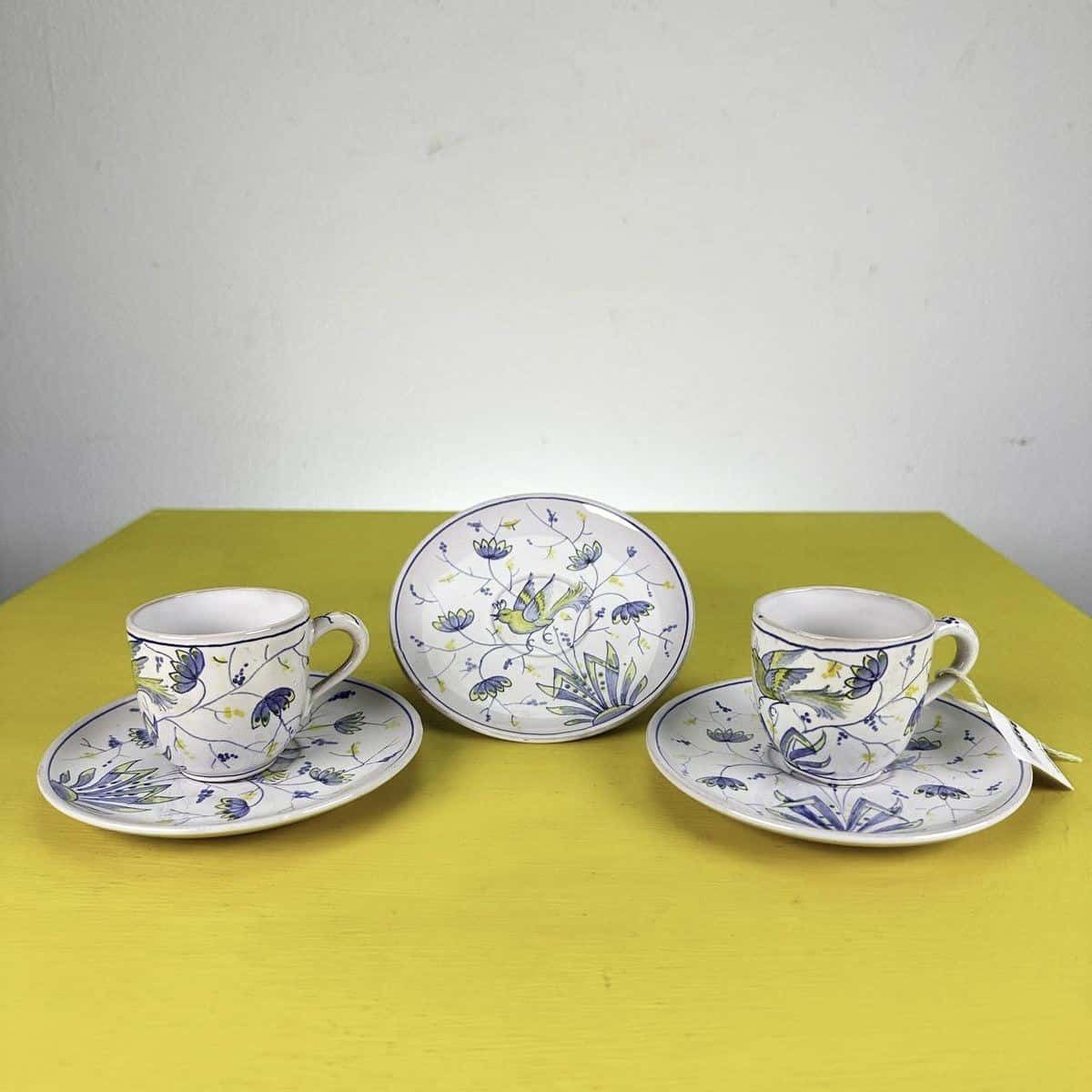 Pair Of Cups Plus 3 Saucers In Majolica Santarelli Gualdo Tadino