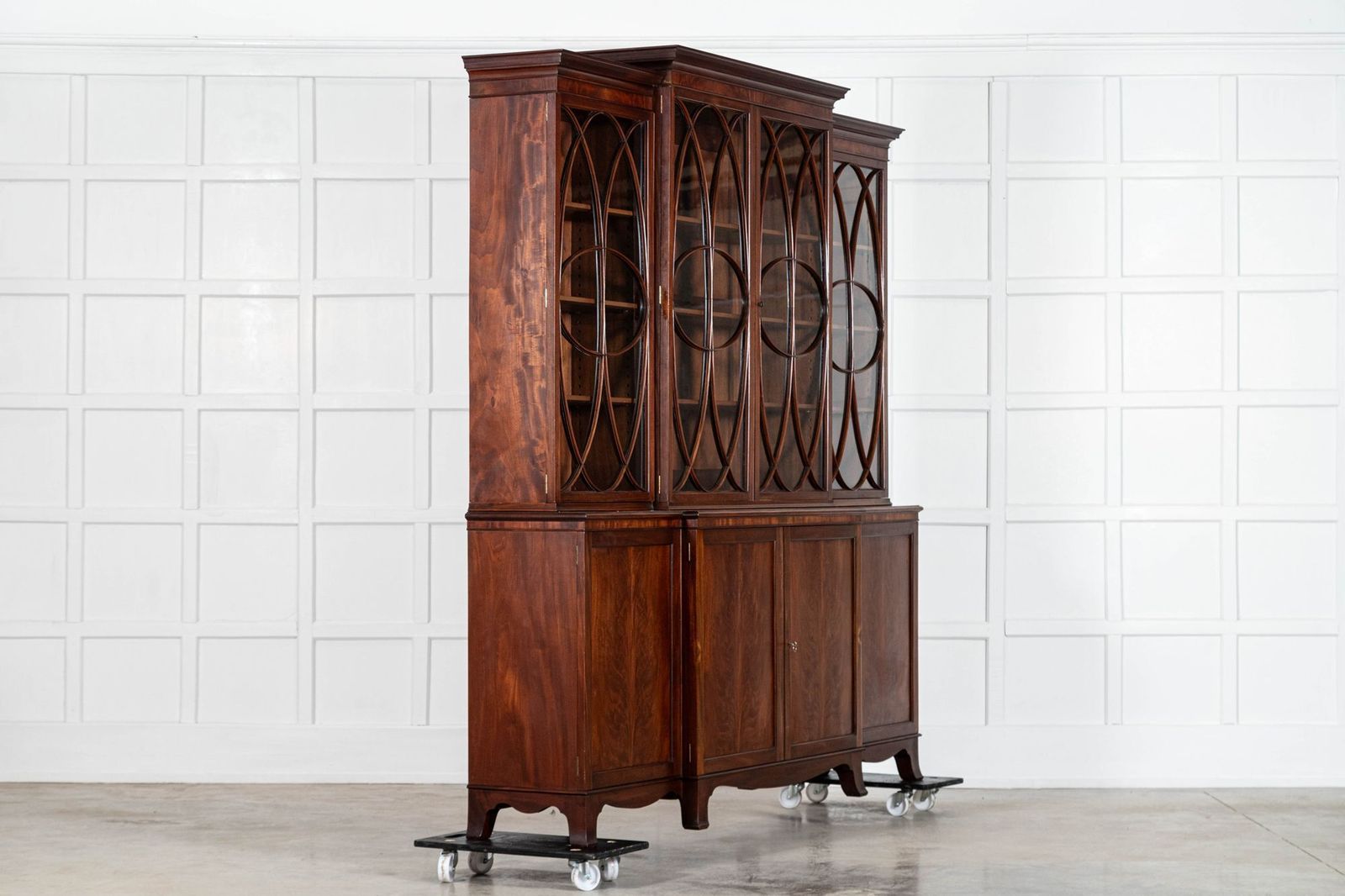 Large English Flame Mahogany Breakfront Bookcase photo for sale