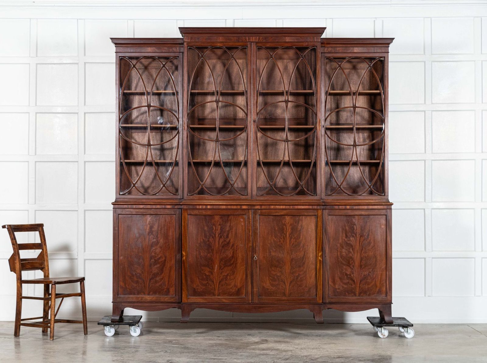 Large English Flame Mahogany Breakfront Bookcase photo Furniture