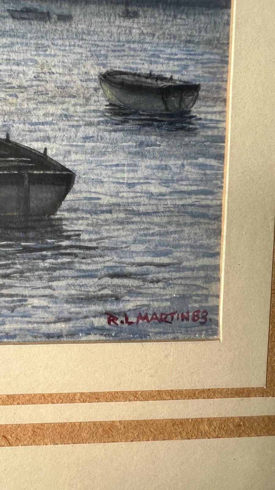 1983 Signed Watercolour Coastal Sunset Featuring Boats By R. L. Martin photo buy