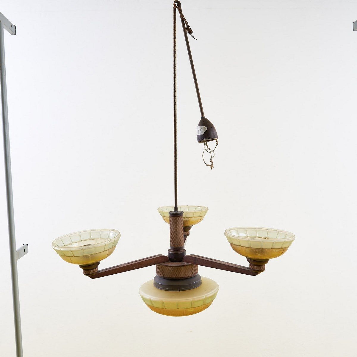 1940s Three Armed Wooden And Glass Chandelier