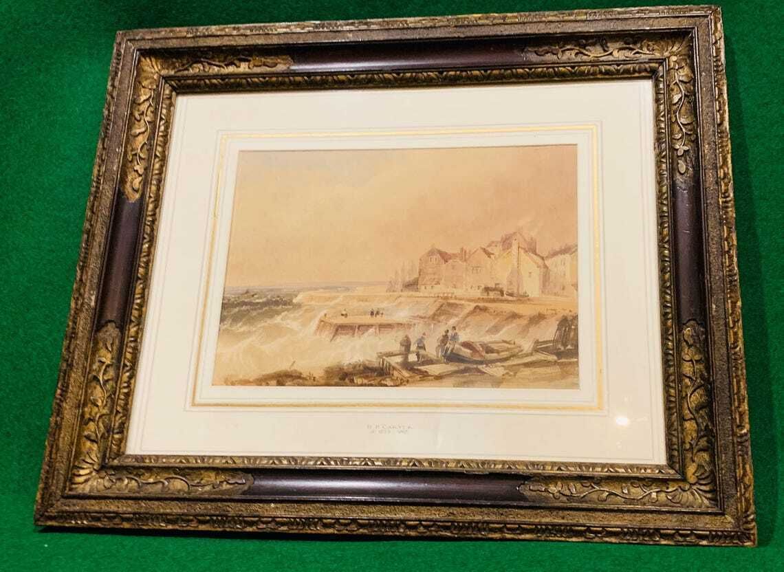 photo for sale Antique Watercolour   H B Carter (1804 1868) Yorkshire Coast Fisherfolk By The Shore On A Windy Day