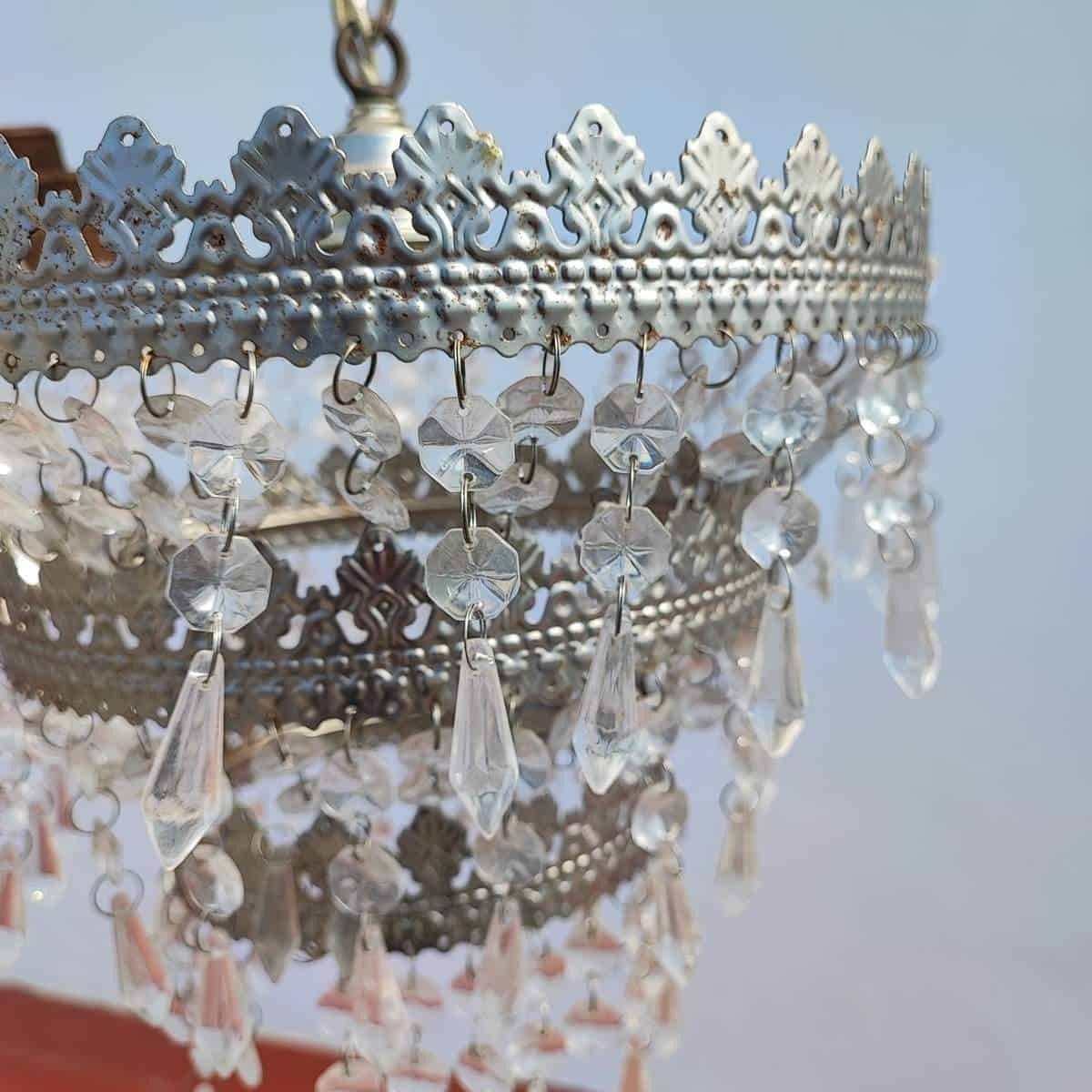Pair Of Vintage Metal Chandeliers With Glass Drops photo for sale