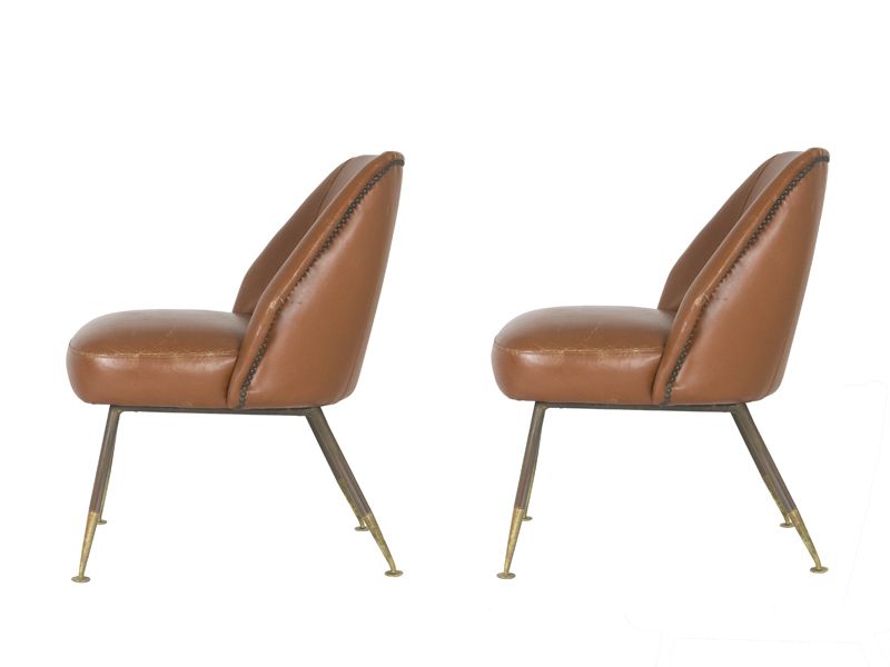 Set Of Campanula Armchairs In Brown Leather And Brass By Carlo Pagani For Arflex, 1952 photo vinterior