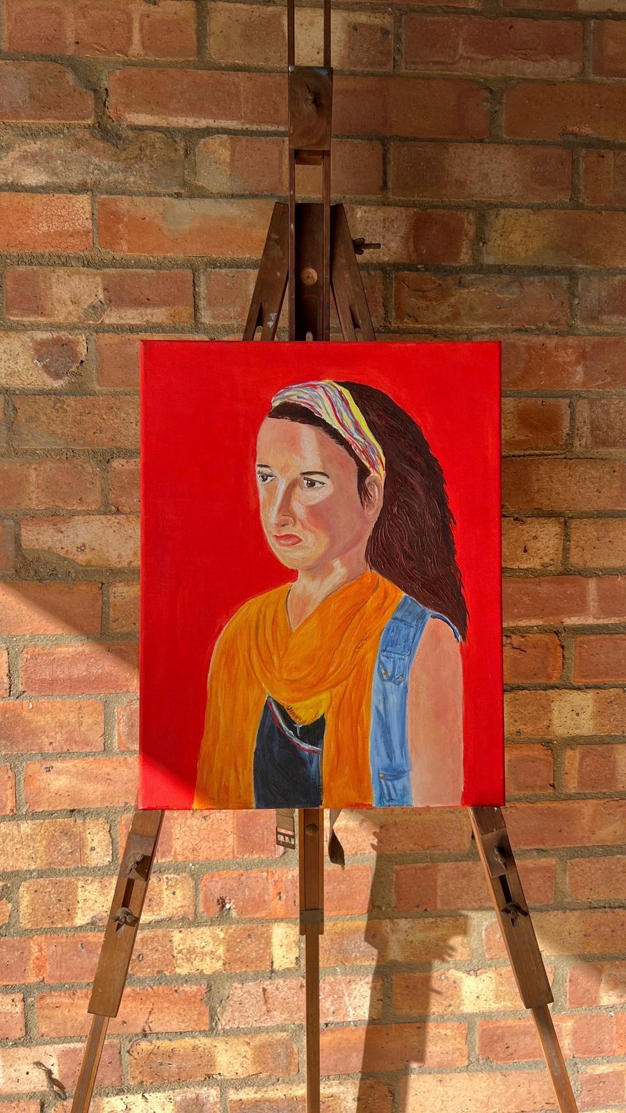 Contemporary Portrait Oil Painting Againt Red Background On Stretched Canvas photo furniture