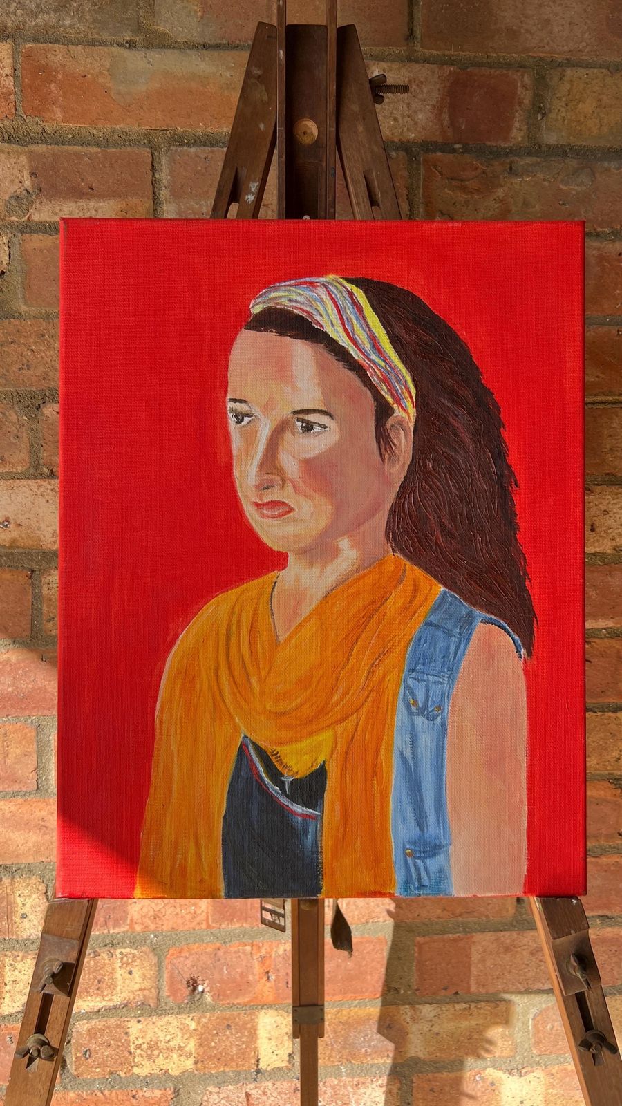 Contemporary Portrait Oil Painting Againt Red Background On Stretched Canvas photo for sale