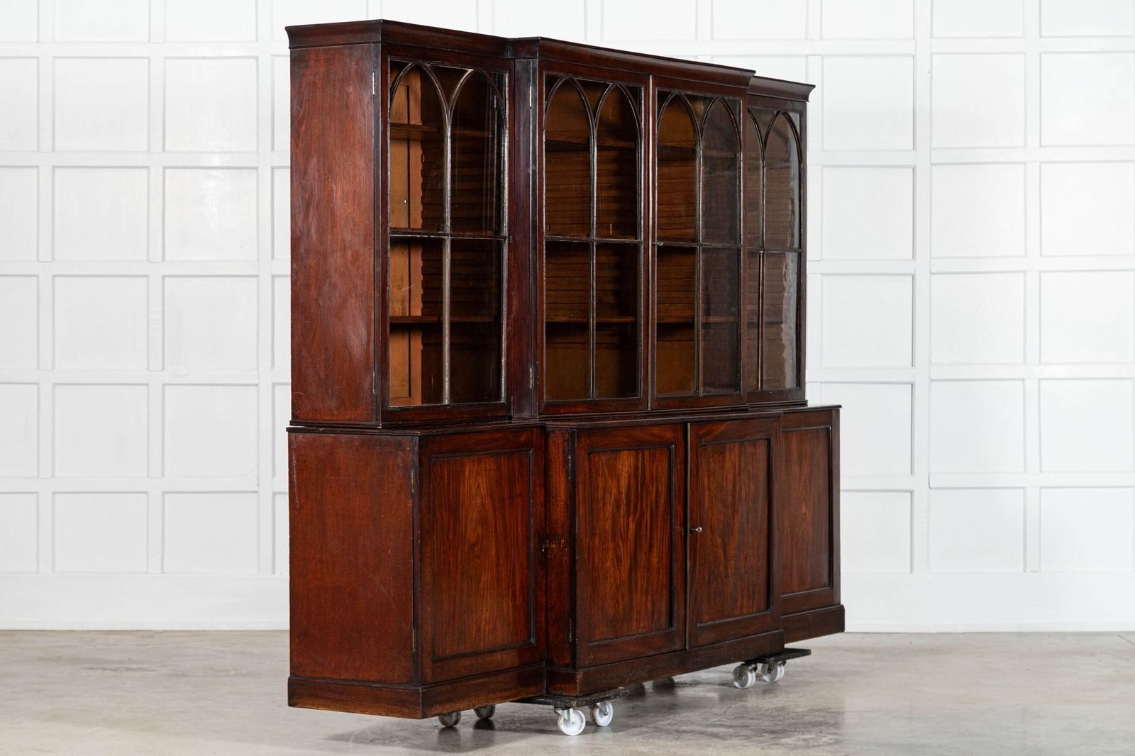 Monumental English Early 19thc Astral Arch Glazed Mahogany Breakfront Bookcase photo for sale