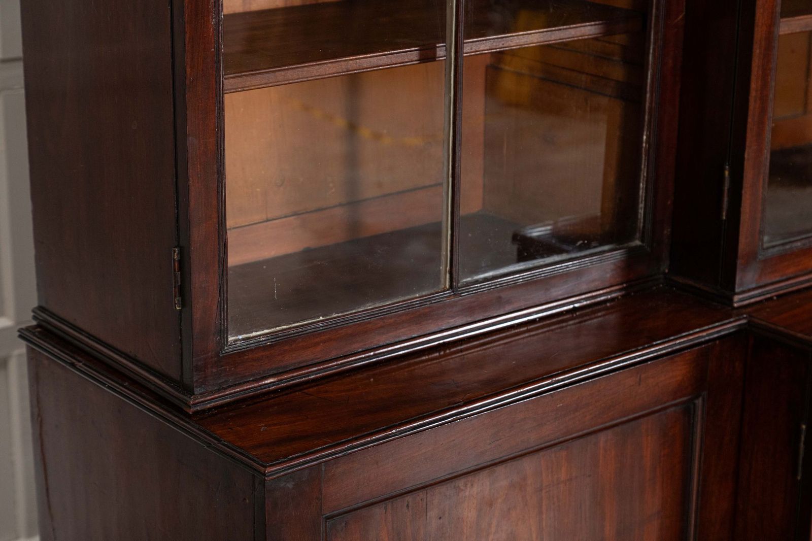 photo for sale Monumental English Early 19thc Astral Arch Glazed Mahogany Breakfront Bookcase