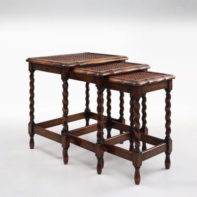 20th Century Oak And Rattan Nesting Tables, Set Of 3