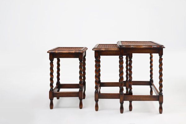 20th Century Oak And Rattan Nesting Tables, Set Of 3 photo vintage