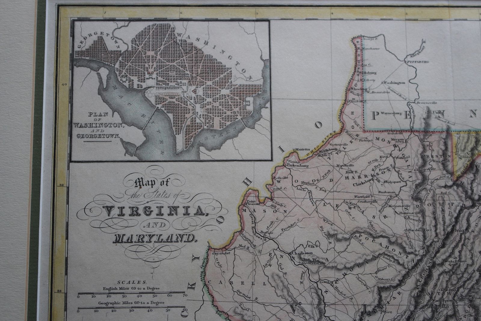 1831 Framed Hand Coloured Map Of Virginia And Maryland With Inset "Plan Of Washington And Georgetown" By John H. Hinton photo furniture