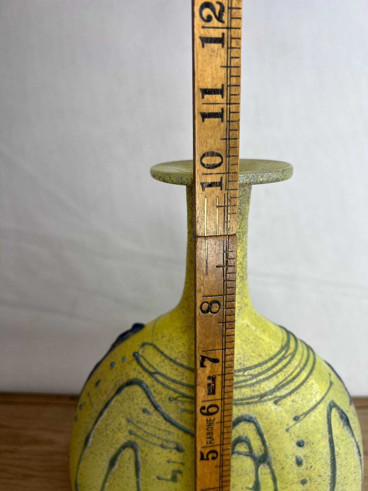 photo for sale Vintage Murano Scavo Chunky Yellow Art Glass Vase Textured Sand Feel To It With Grey Trailed Design