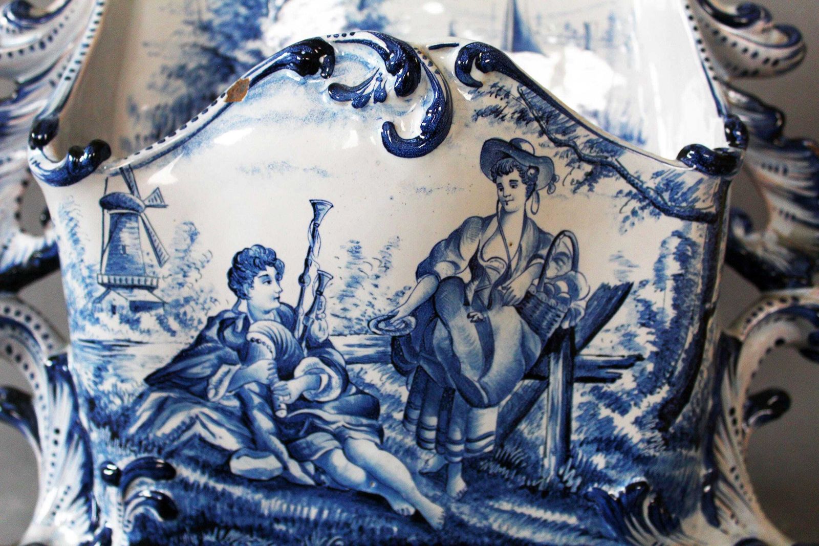 Large 19th Century Delft Ceramic Enamel Letter Holder, Blue And White, Hand Painted, Signed, Bagpipe Musician Windmill Country Landscape photo Home Decor