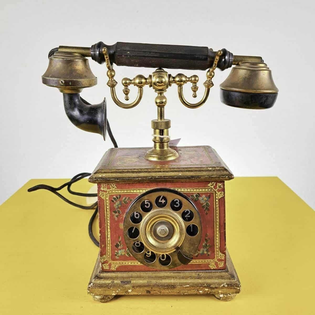 Vintage Telephone In Wood And Metal Hand Painted