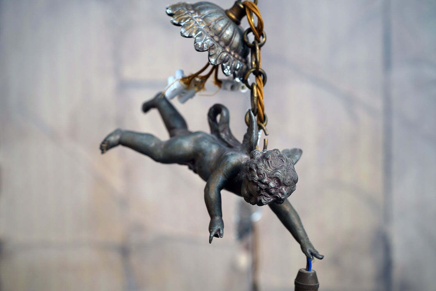 Lighting An Early 20thc Pair Of Spelter And Prism Glass Hanging Putti Pendants C.1900 10 photo