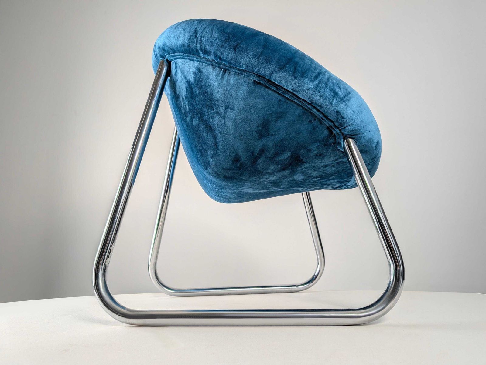 Pair Of Italian Armchairs In Chromed Metal And Blue Velvet, 1970s photo buy