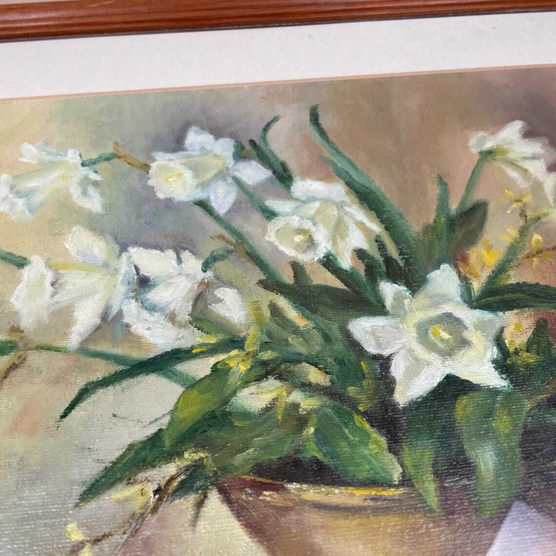 Antique Framed Floral Oil Painting Picture Vintage Flowers Wood Frame Painted Art Original Oils Oil Rectangle Landscape Spring Daffodils photo furniture