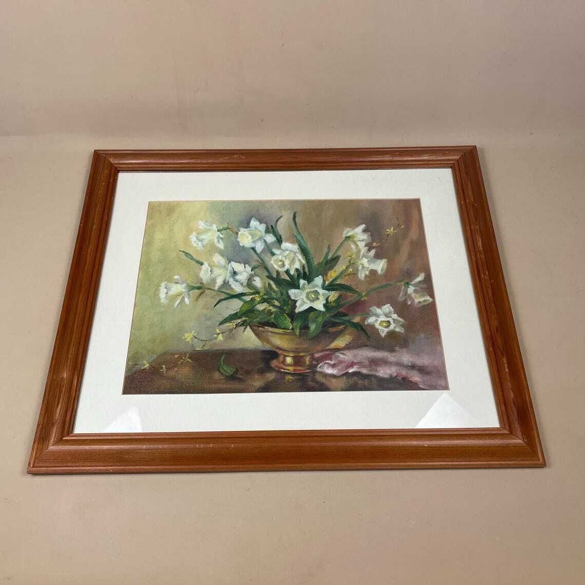 Antique Framed Floral Oil Painting Picture Vintage Flowers Wood Frame Painted Art Original Oils Oil Rectangle Landscape Spring Daffodils photo for sale
