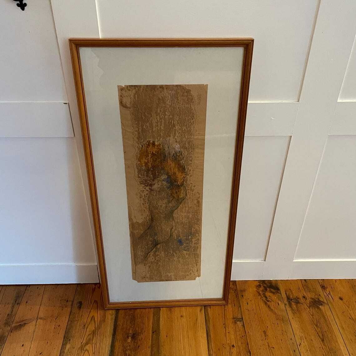 Antique Abstract Art Hand Painted Torso Body Picture Paper Vintage Framed Wood  Original Art Work Rectangle Landscape Paper Old Lady photo Art