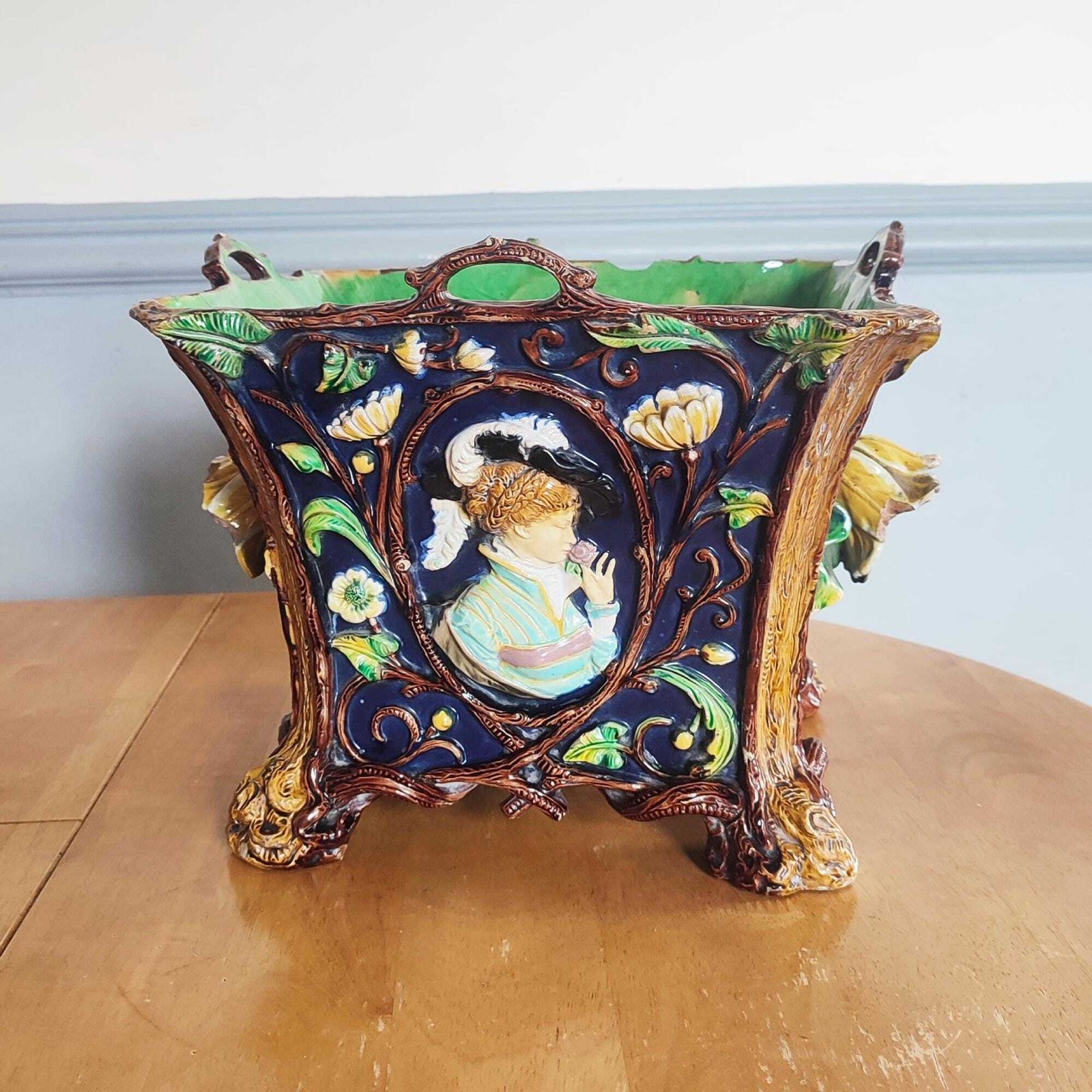 Large Antique 19th C Polychrome Majolica Planter By Wilhelm Schiller & Sons #261 Floral Bohemia Pottery Cobalt Blue Maiden / Gentleman Motif