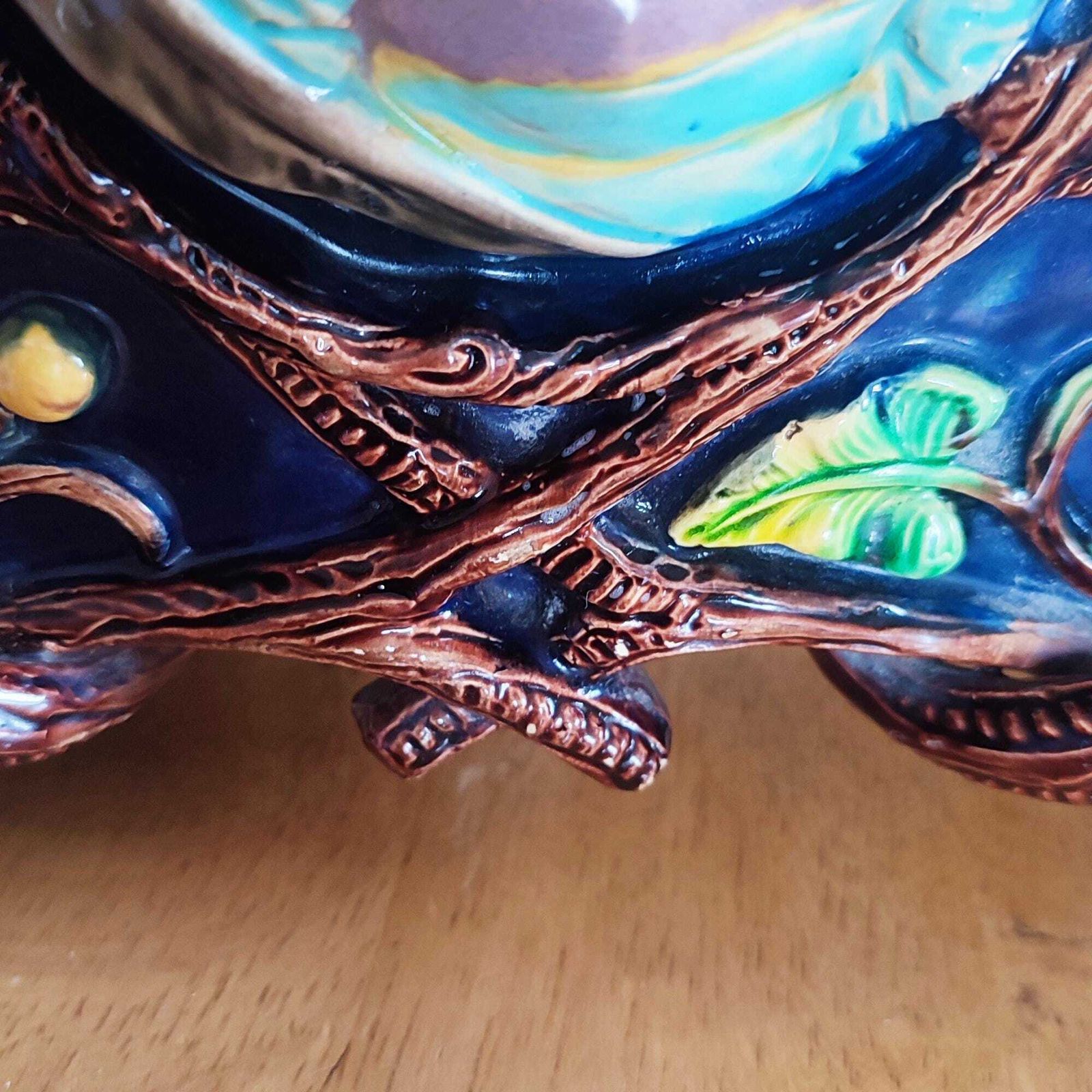 Large Antique 19th C Polychrome Majolica Planter By Wilhelm Schiller & Sons #261 Floral Bohemia Pottery Cobalt Blue Maiden / Gentleman Motif photo buy