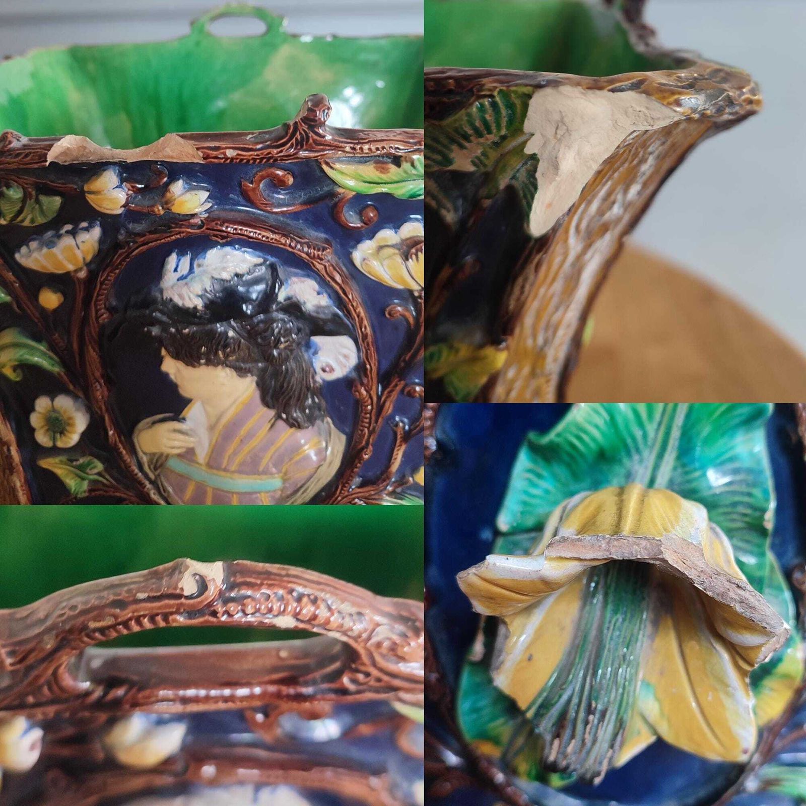 photo furniture Large Antique 19th C Polychrome Majolica Planter By Wilhelm Schiller & Sons #261 Floral Bohemia Pottery Cobalt Blue Maiden / Gentleman Motif