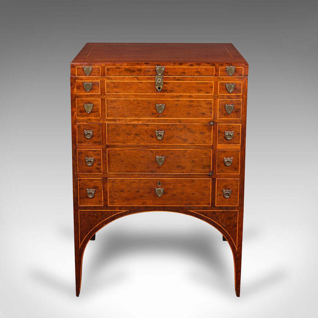 Antique Drawing Room Show Cabinet, English, Burr Walnut, Chest On Stand, Regency photo for sale