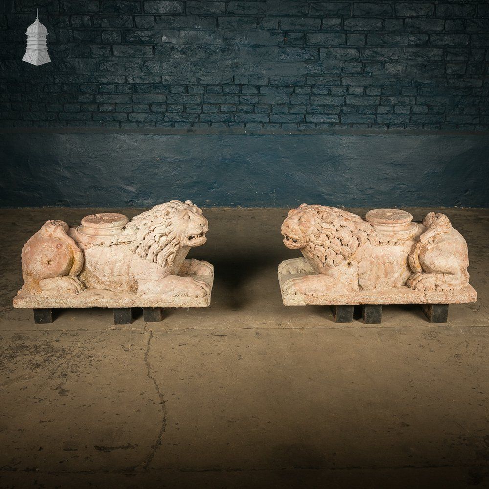 Marble Recumbent Lions Pair – 13th C Rosso Verona Architectural Sculptures photo furniture