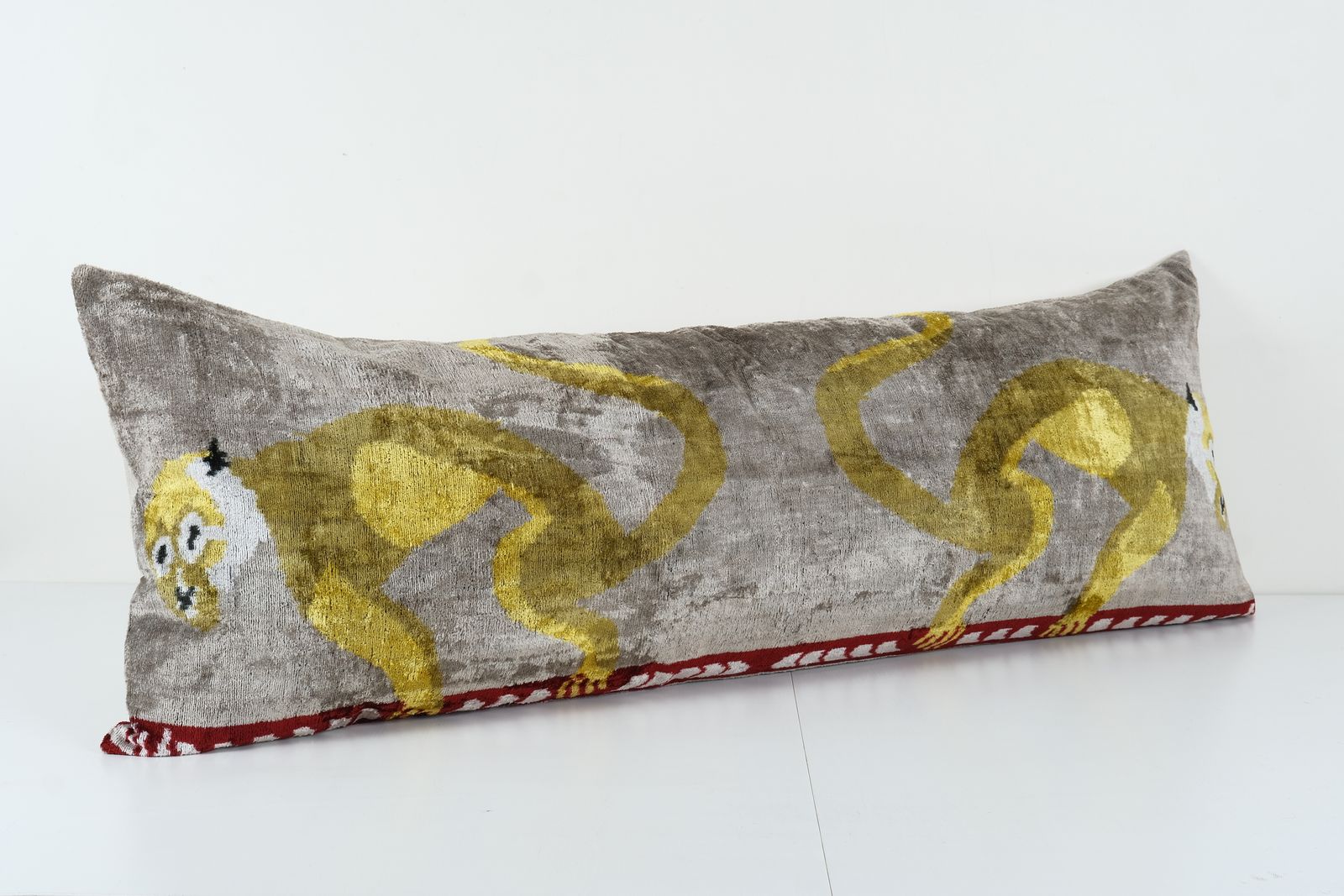 Monkey Design Gold Extra Long Ikat Velvet Pillow, Animal Printed Lumbar Pillows, Green Pictorial Design Bedding Cushion photo 105.0