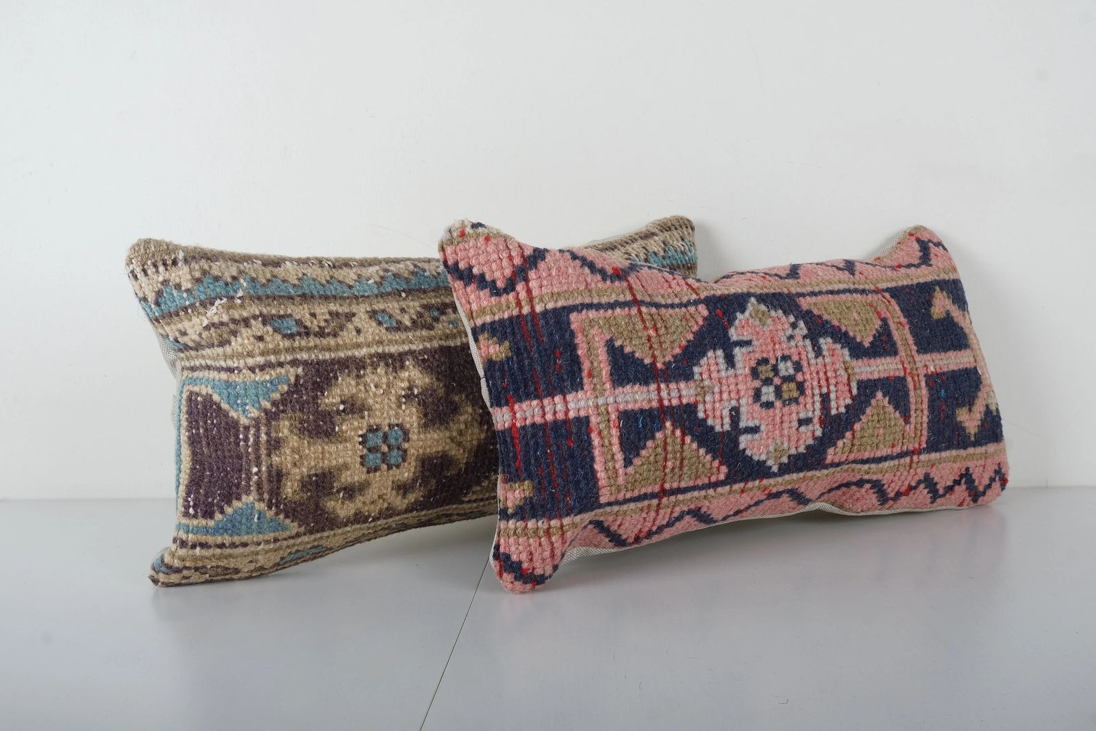 Set Of Two Anatolian Carpet Rug Pillow, Matching Blue Lumbar Pillow Cover, Ethnic Vintage Handmade Lumbar Cover photo for sale
