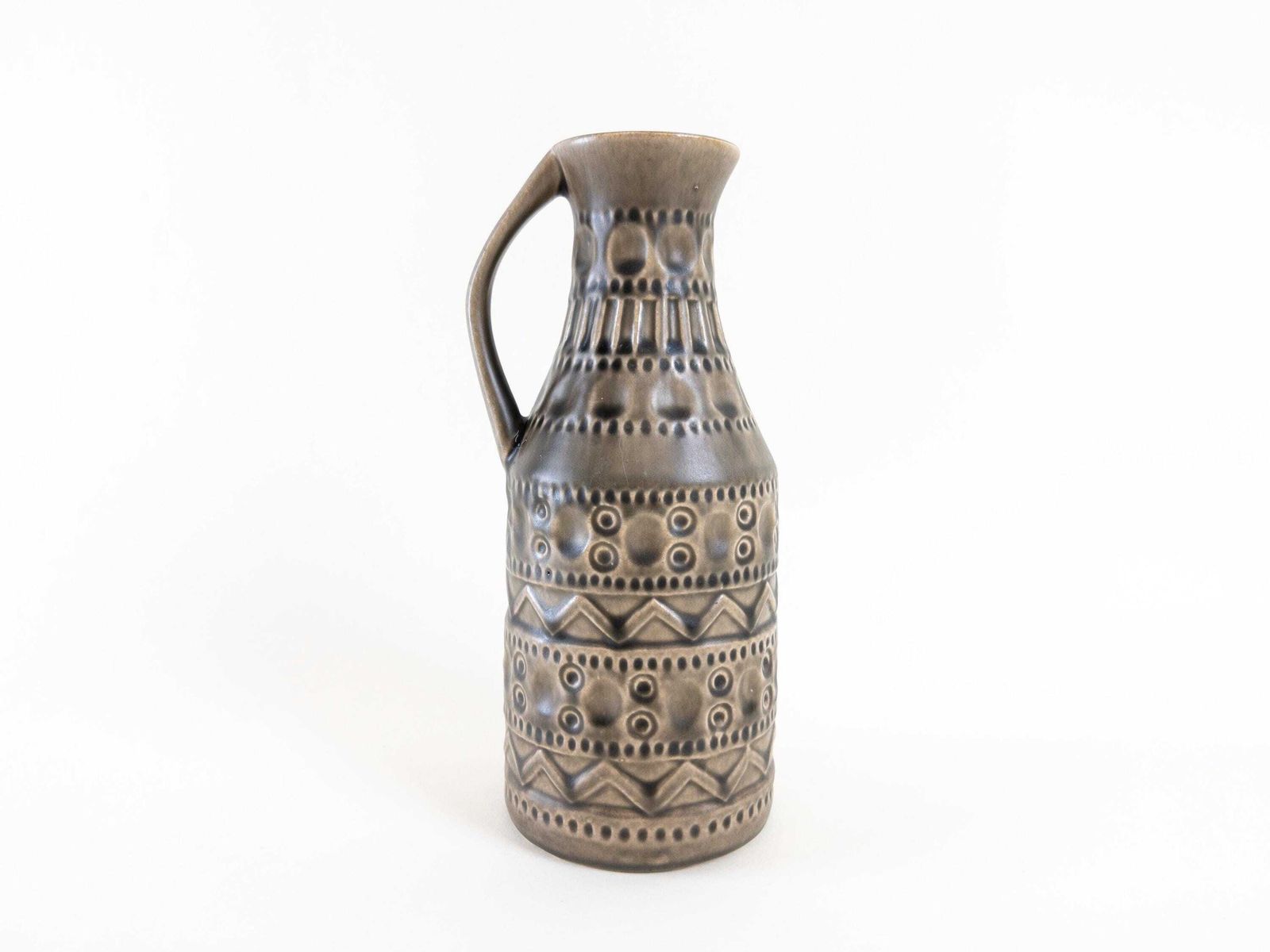Bay Keramik Warm Grey Vase With Handle   West German Pottery Impressed Design   Bay Form 224 20