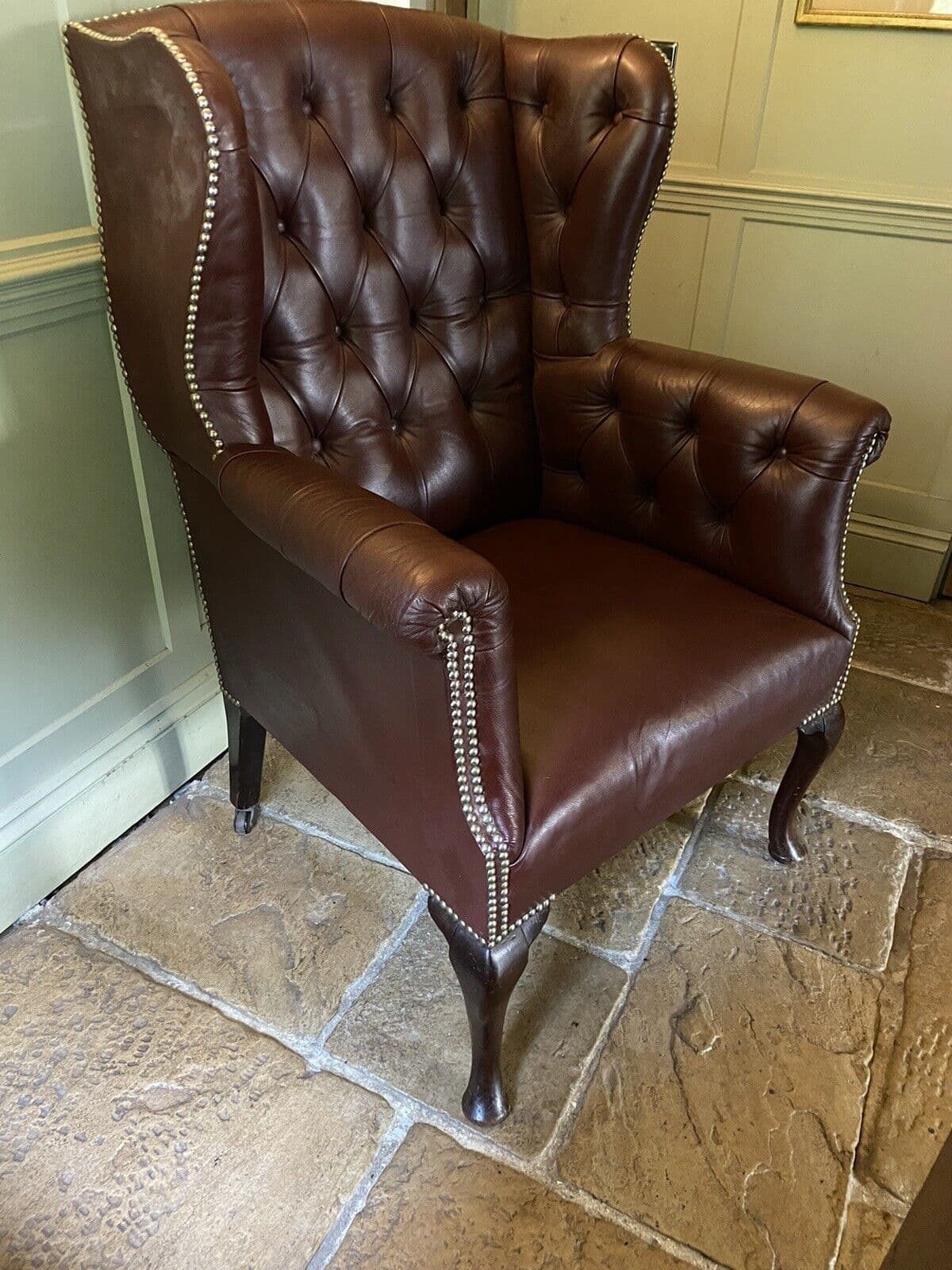 1195.0 Antique Early C20th Button Wing Back Brown Leather Chesterfield Armchair photo