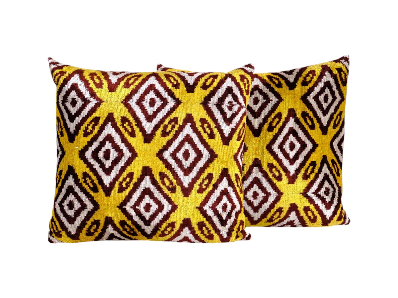 Set Of Two Velvet Ikat Lumbar Pillow Cover, Pair Square Yellow And Burgundy Designer Cushion, Geometric Pattern Uzbek Pillow