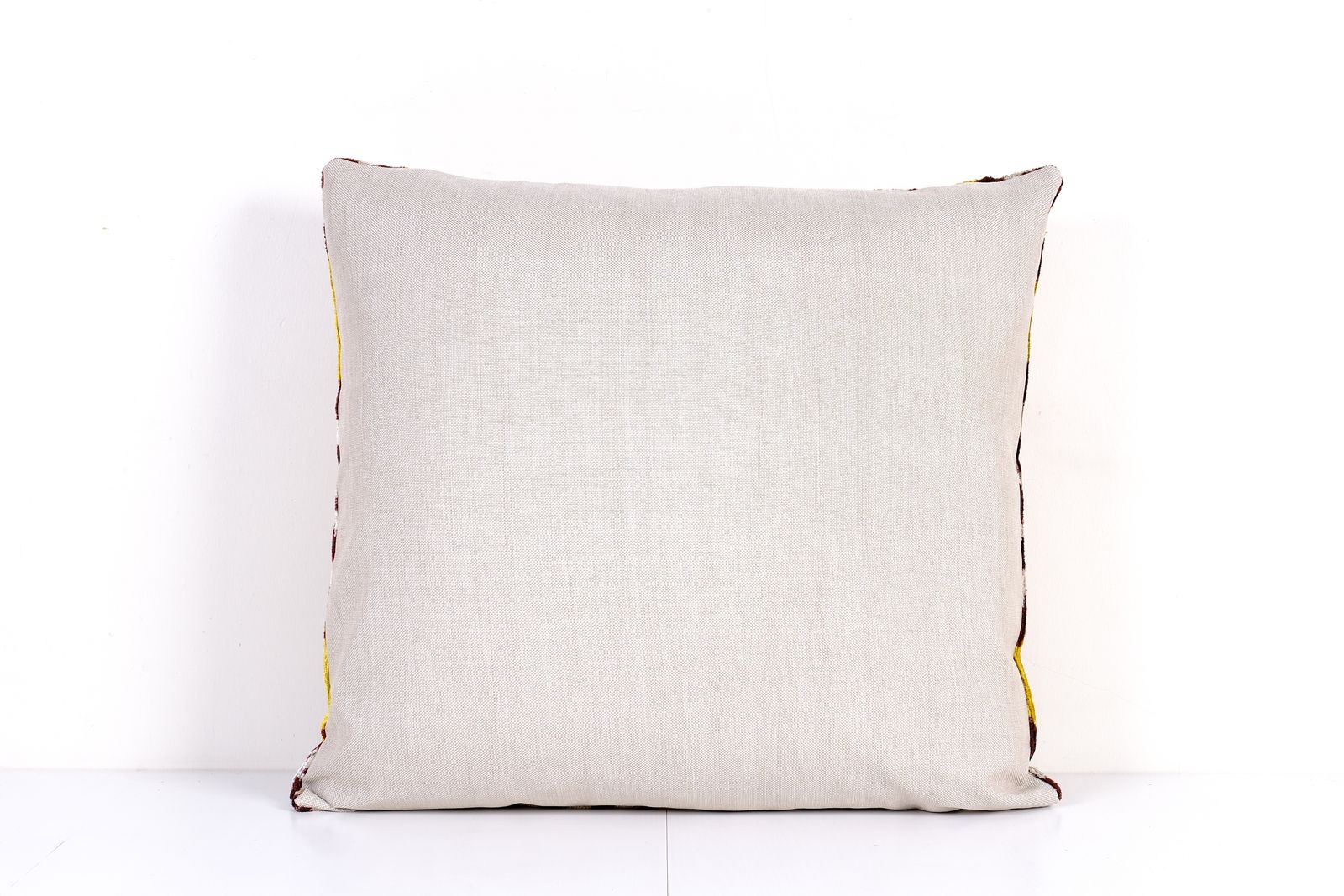 Silk Ikat Velvet Pillow Cover – Square Yellow And Burgundy Geometric Cushion – Turkish Bohemian Decor Mid Century Accent Pillow photo for sale