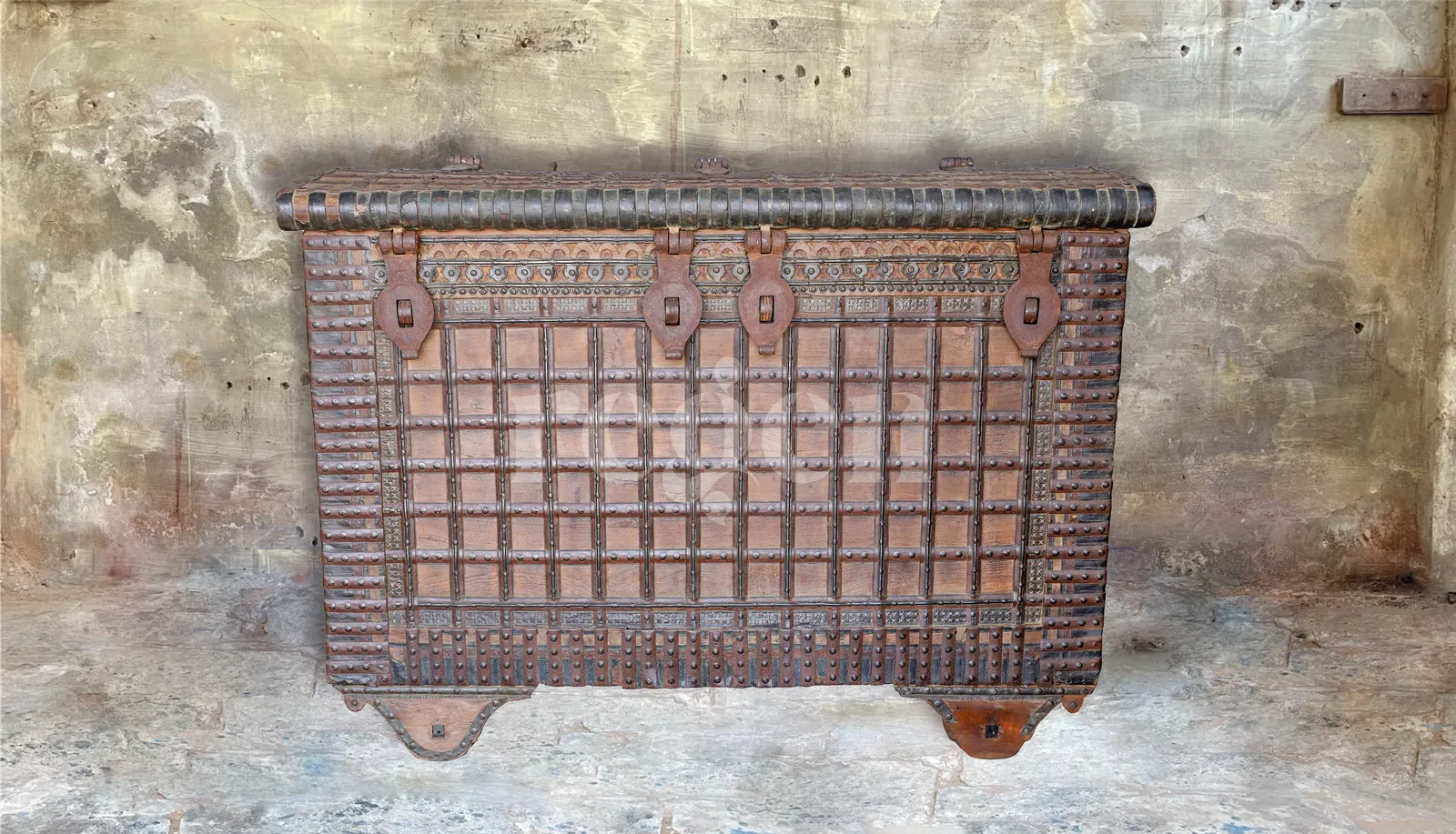 photo vinterior Antique Damchiya Bridal Dowry Chest With Four Distinct Iron Locks, Circa 1890