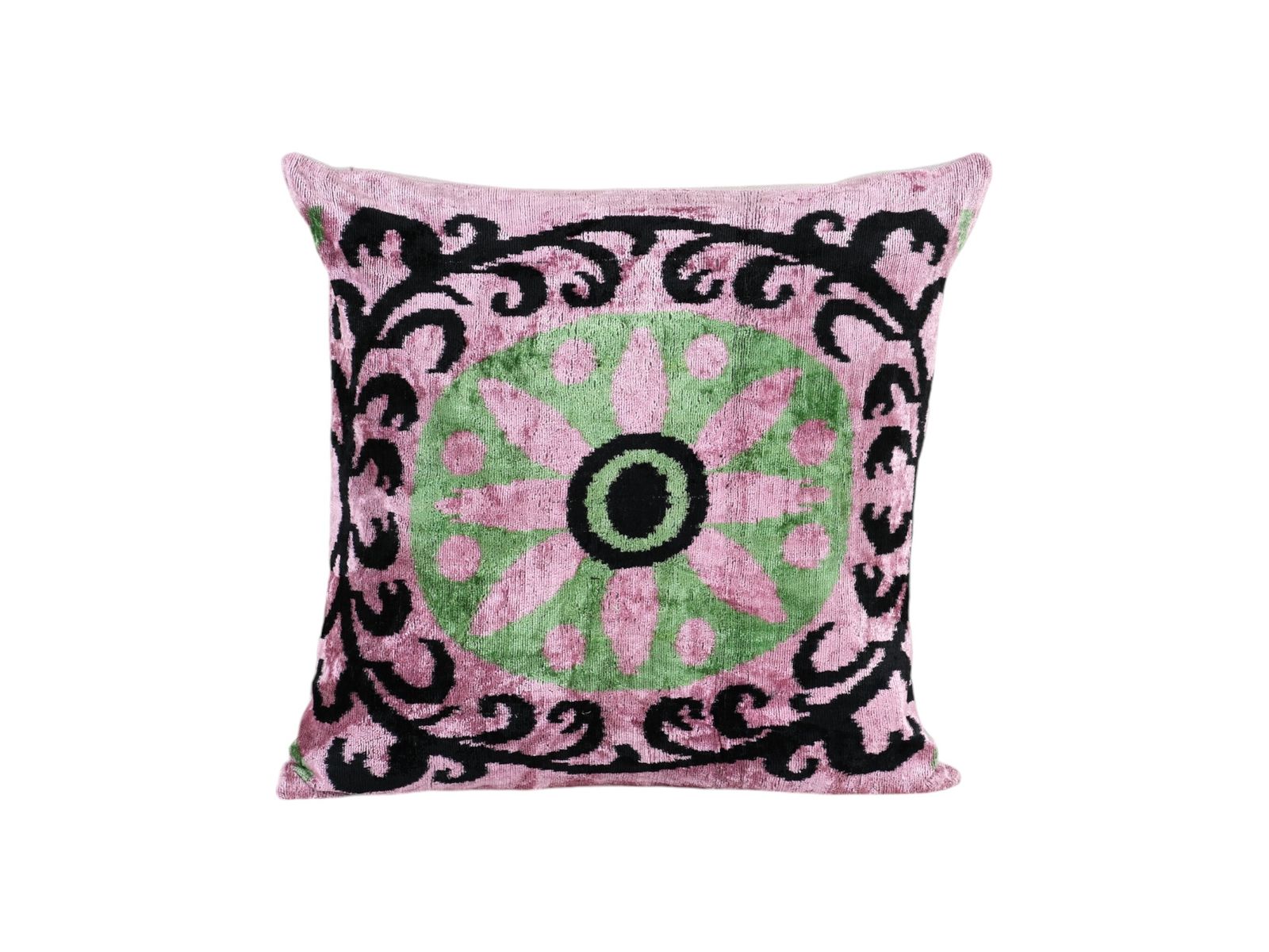Floral Silk Ikat Velvet Cushion Cover   Square Pink And Green Design For Home